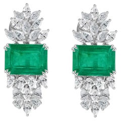 Zambian Emerald Cluster Earrings with Marquise Cut Diamonds 18K White Gold