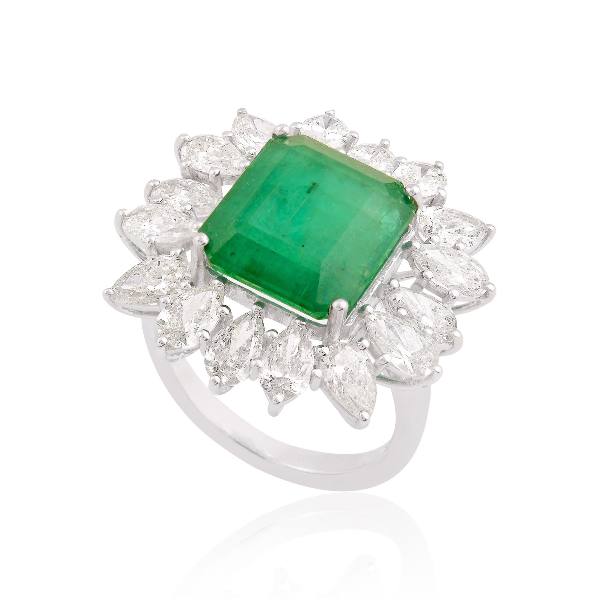 Emerald Cut Zambian Emerald Cocktail Ring Pear Diamond Solid 14k White Gold Fine Jewelry For Sale
