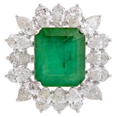 Zambian Emerald Cocktail Ring Pear Diamond Solid 14k White Gold Fine Jewelry