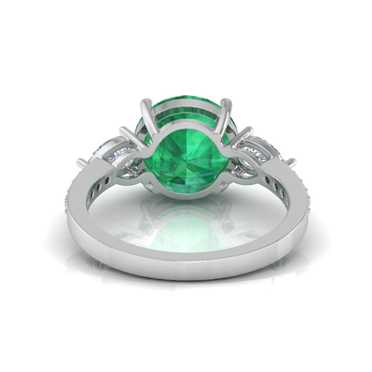 Modern Zambian Emerald Cocktail Ring Pear Diamond Solid 14k White Gold Handmade Jewelry For Sale