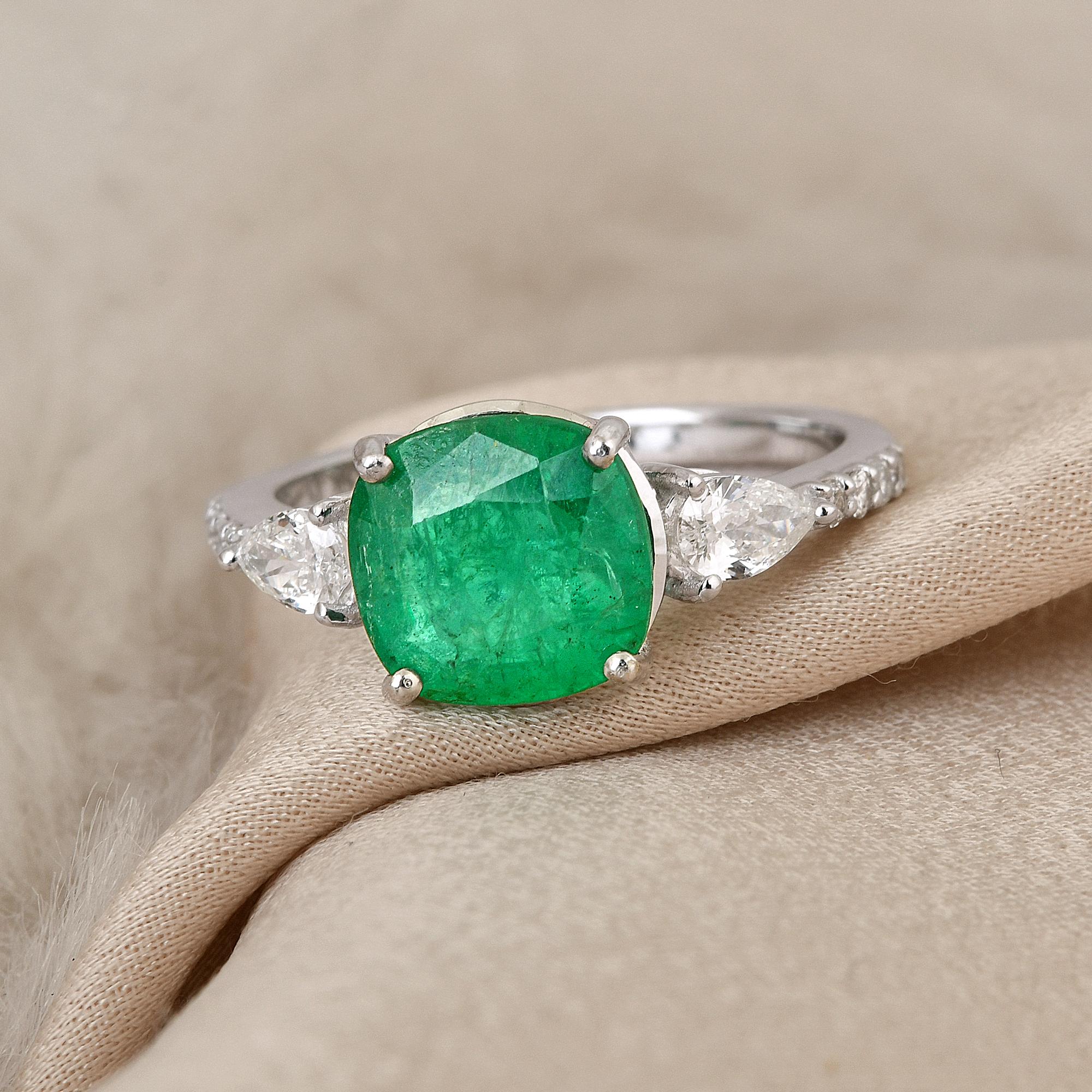 Women's Zambian Emerald Cocktail Ring Pear Diamond Solid 14k White Gold Handmade Jewelry For Sale