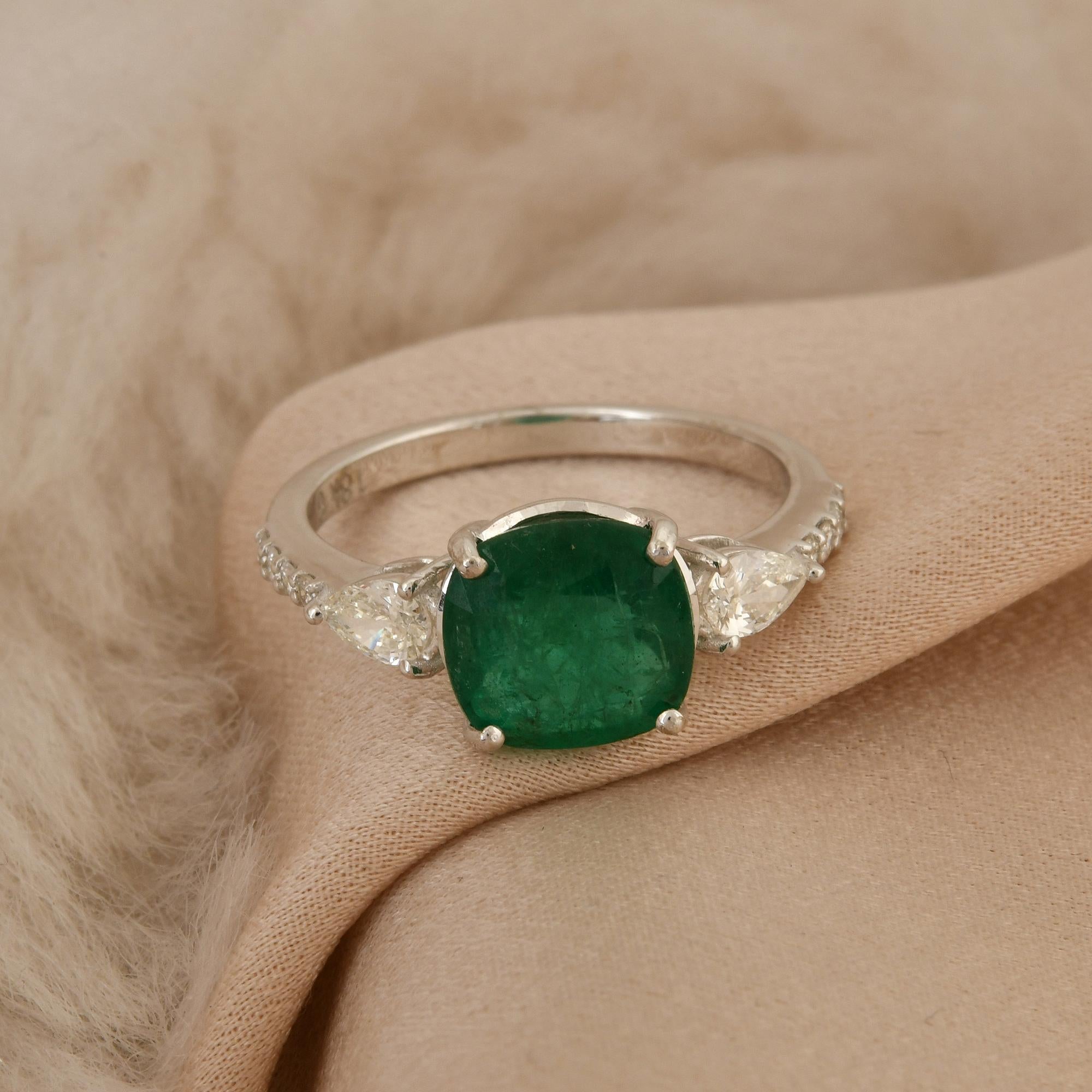 Zambian Emerald Cocktail Ring Pear Diamond Solid 14k White Gold Handmade Jewelry For Sale 1