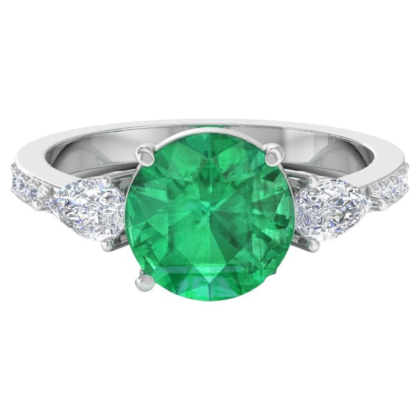 Zambian Emerald Cocktail Ring Pear Diamond Solid 14k White Gold Handmade Jewelry For Sale