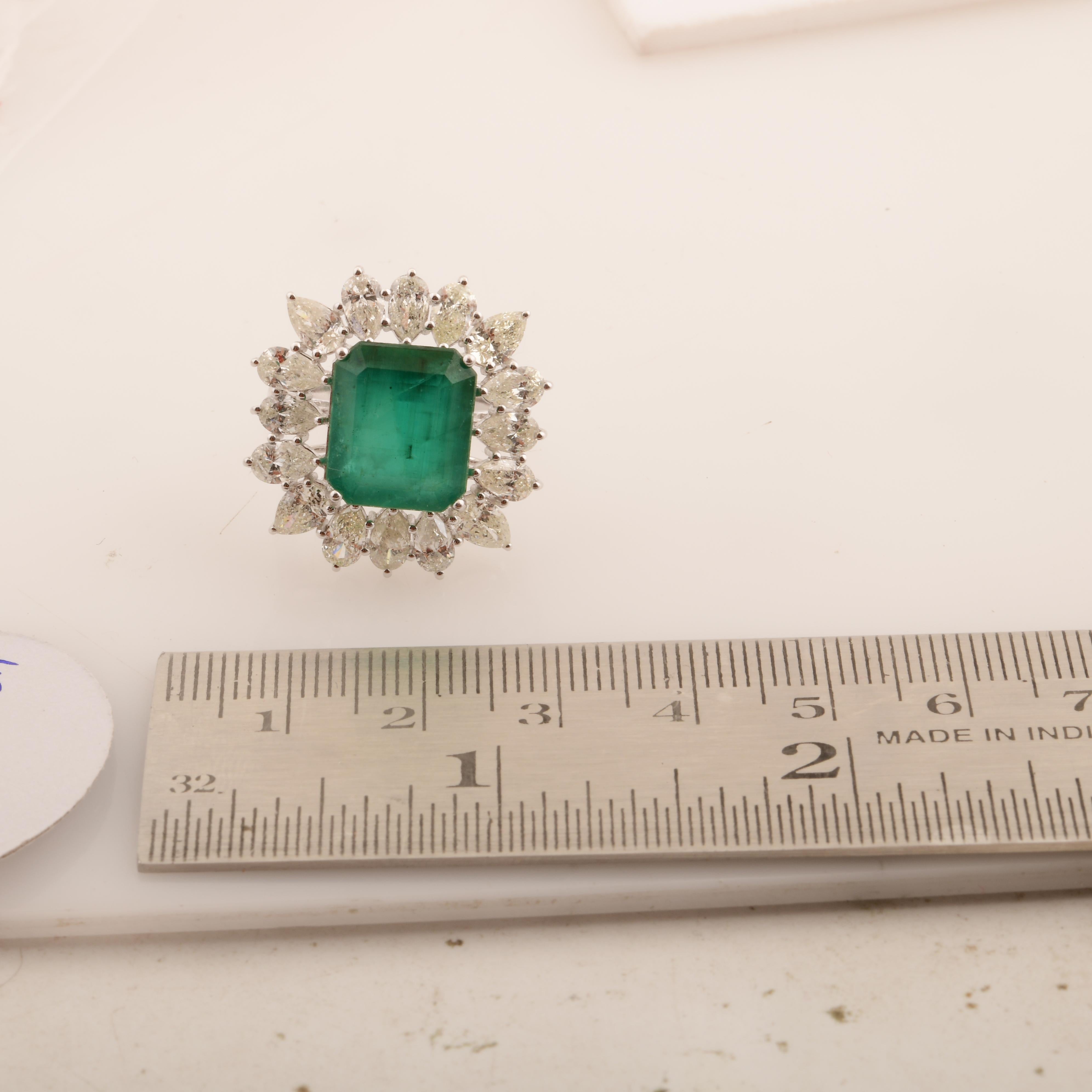 For Sale:  Zambian Emerald Cocktail Ring Pear Diamond Solid 18k White Gold Fine Jewelry 6