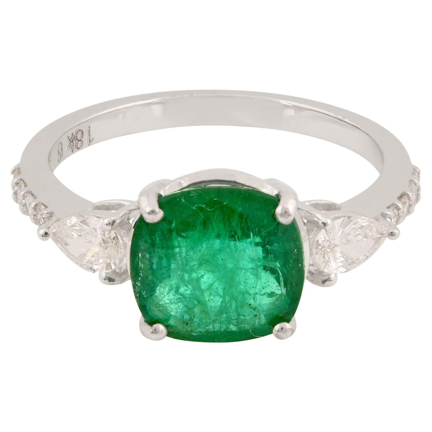 Natural Emerald Cocktail Ring Pear Diamond Solid 18k White Gold Handmade Jewelry