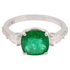 Natural Emerald Cocktail Ring Pear Diamond Solid 18k White Gold Handmade Jewelry