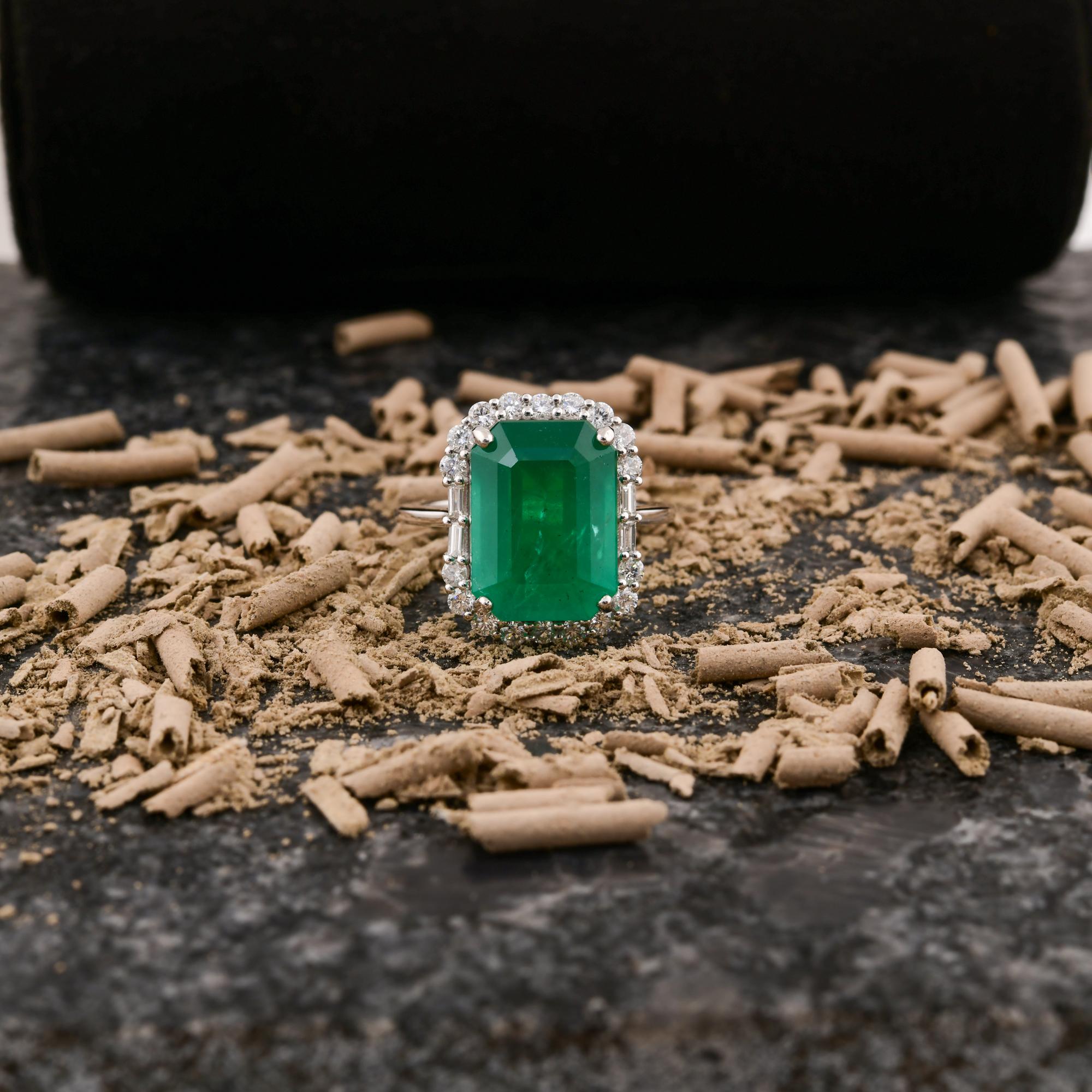 Octagon Cut Zambian Emerald Cocktail Ring SI Clarity HI Color Diamond 14 Karat White Gold For Sale