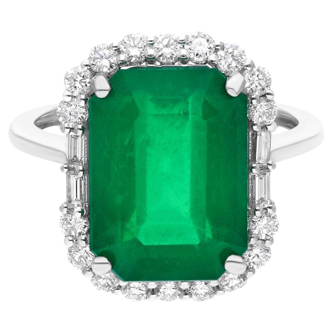 Zambian Emerald Cocktail Ring SI Clarity HI Color Diamond 14 Karat White Gold