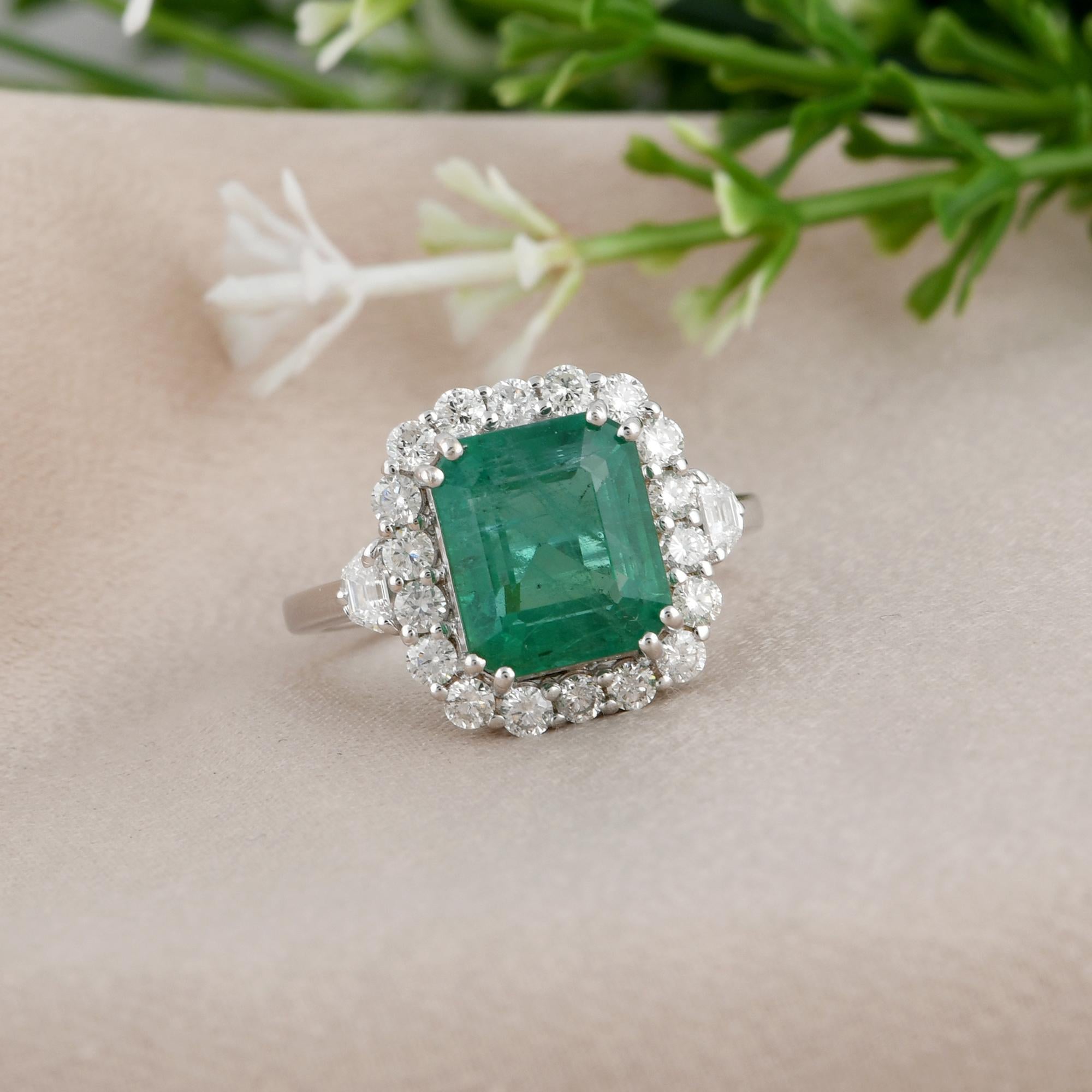 Octagon Cut Zambian Emerald Cocktail Ring SI Clarity HI Color Diamond 18 Karat White Gold For Sale
