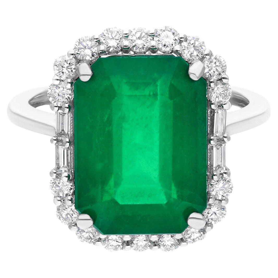 Zambian Emerald Cocktail Ring SI Clarity HI Color Diamond 18 Karat White Gold