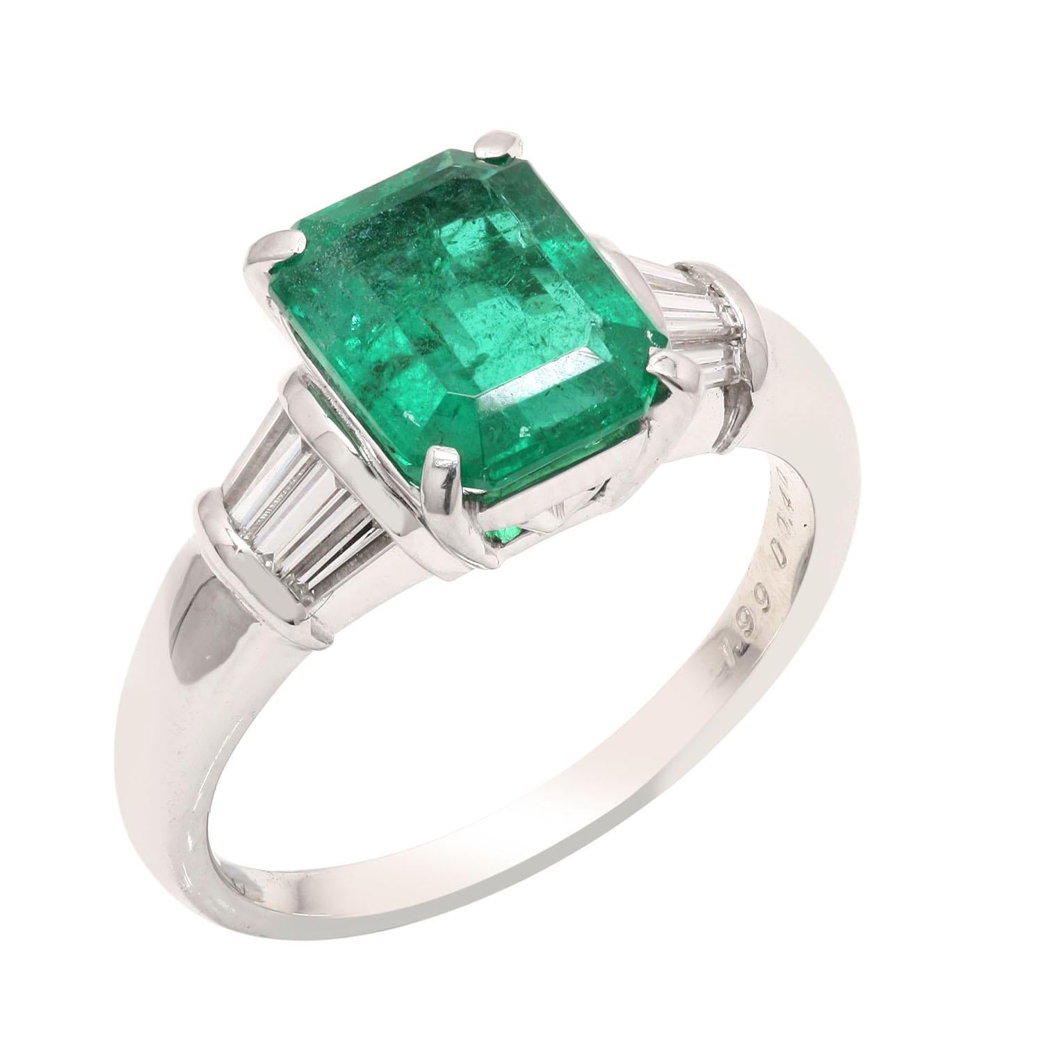Emerald Cut Zambian Emerald Cocktail Ring with Baguette Diamonds Made in 18k White Gold For Sale