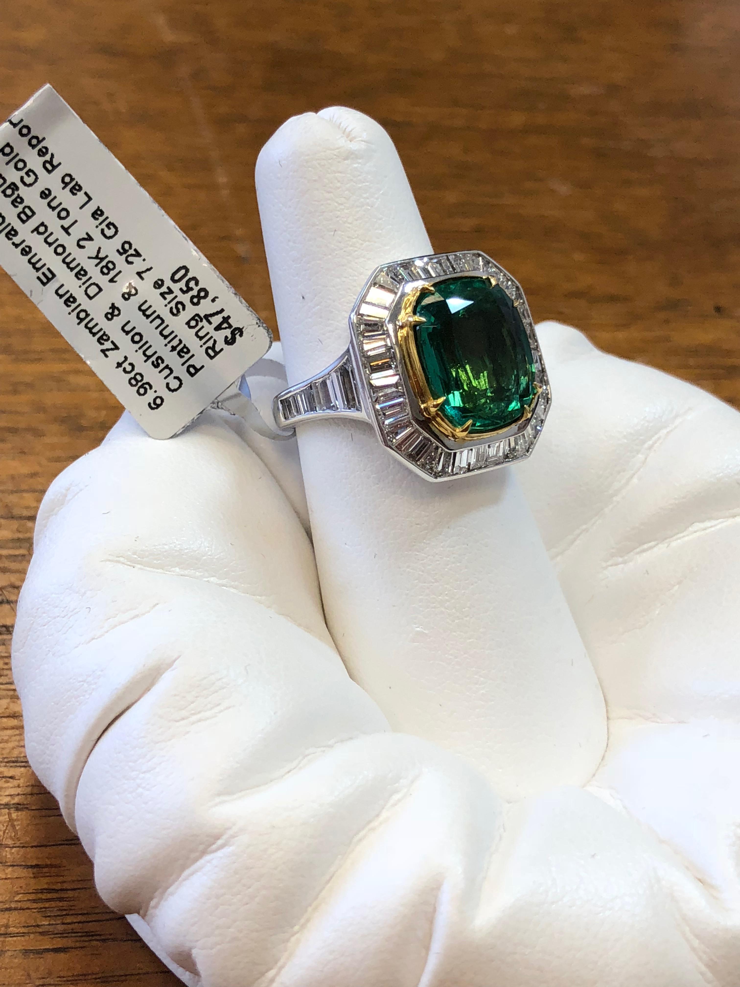 Zambian Emerald Cushion and Diamond Baguette Cocktail Ring with GIA Certified 5