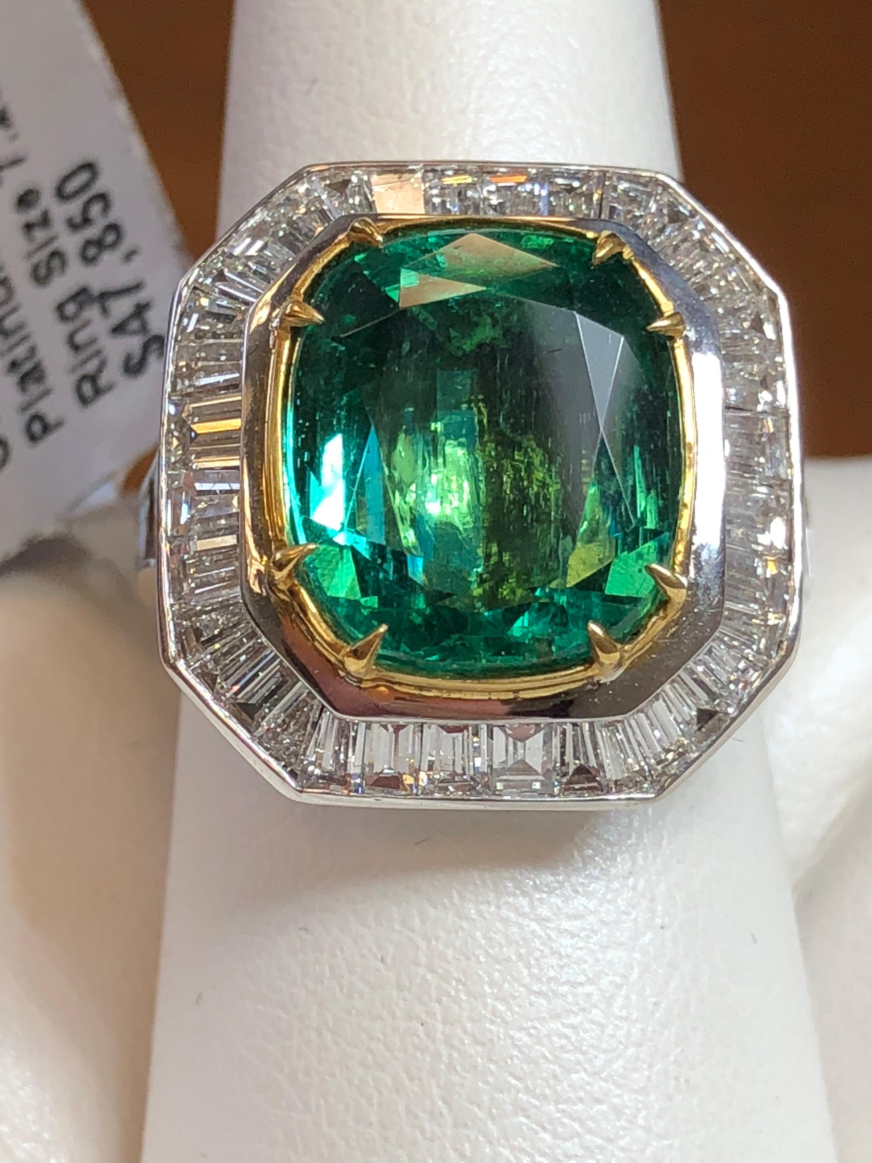 Zambian Emerald Cushion and Diamond Baguette Cocktail Ring with GIA Certified 6
