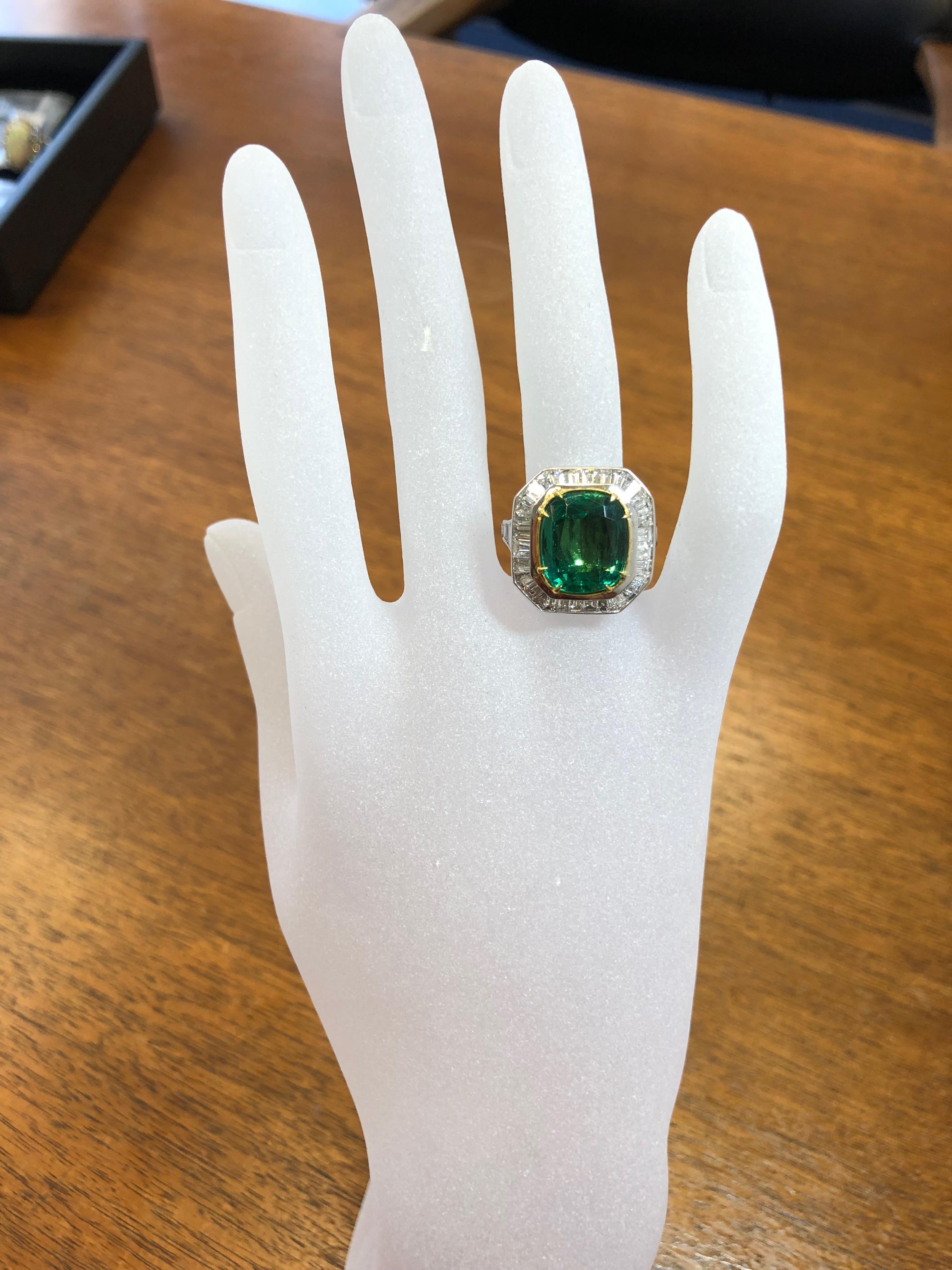 Cushion Cut Zambian Emerald Cushion and Diamond Baguette Cocktail Ring with GIA Certified