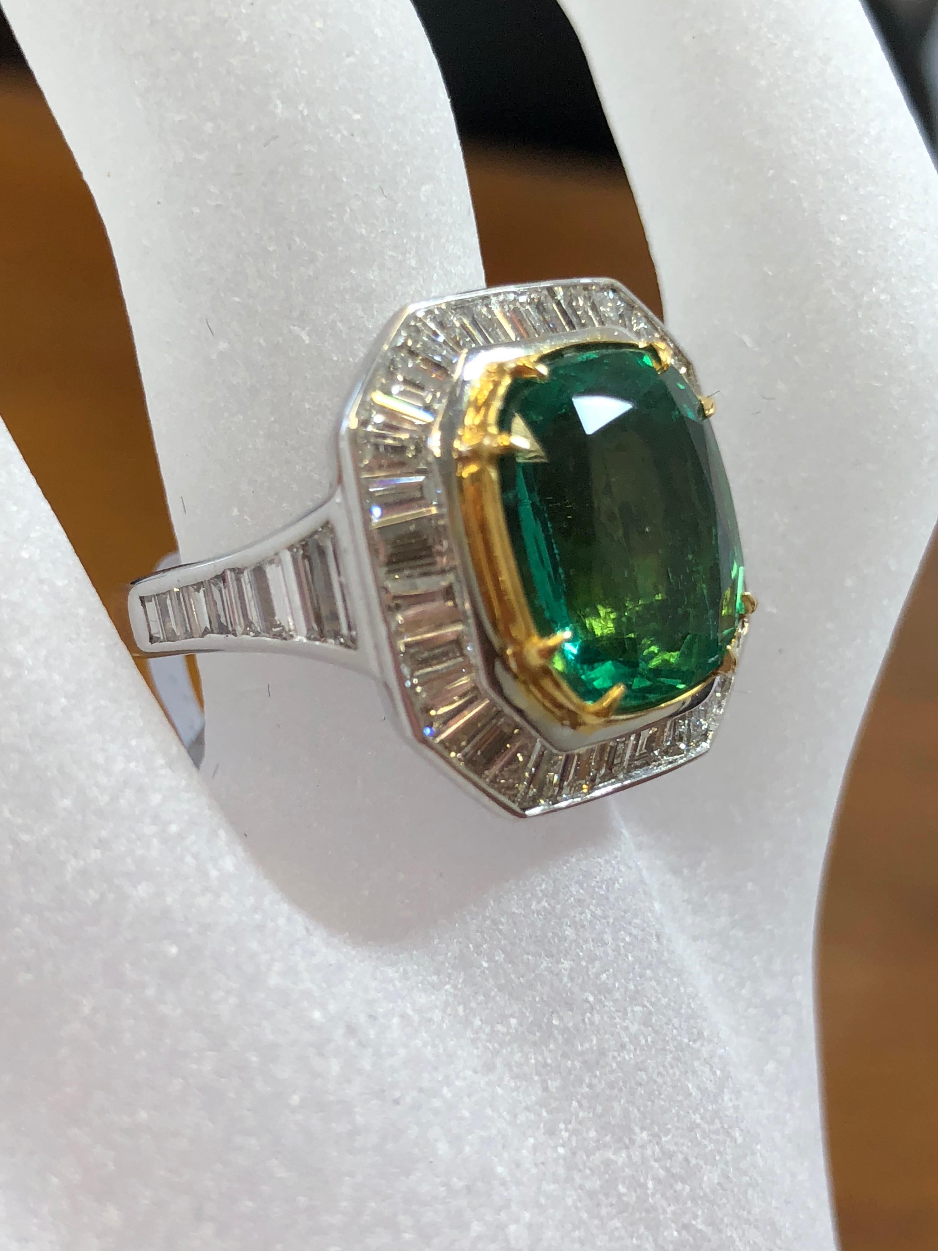 Women's or Men's Zambian Emerald Cushion and Diamond Baguette Cocktail Ring with GIA Certified
