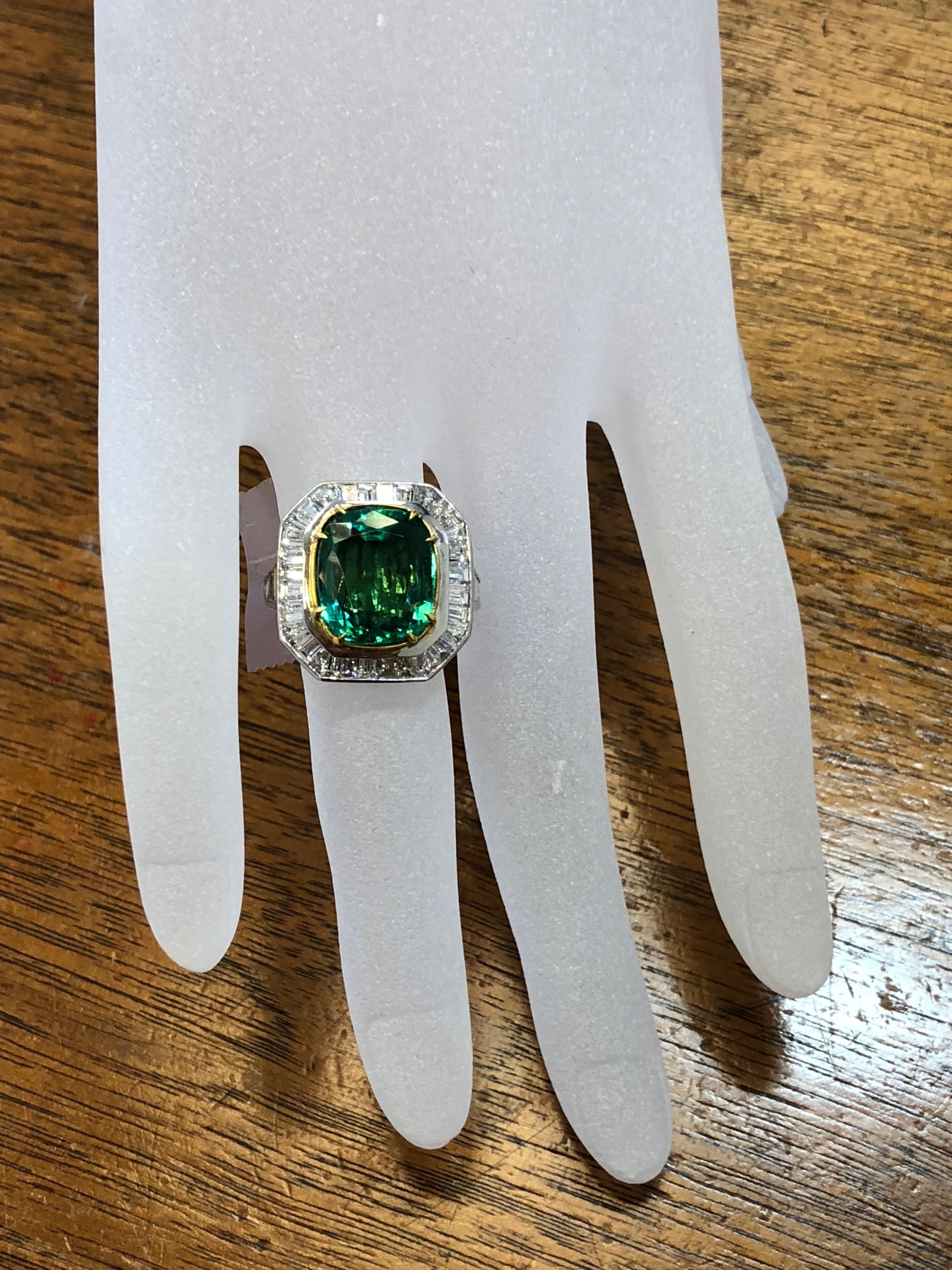Zambian Emerald Cushion and Diamond Baguette Cocktail Ring with GIA Certified 1