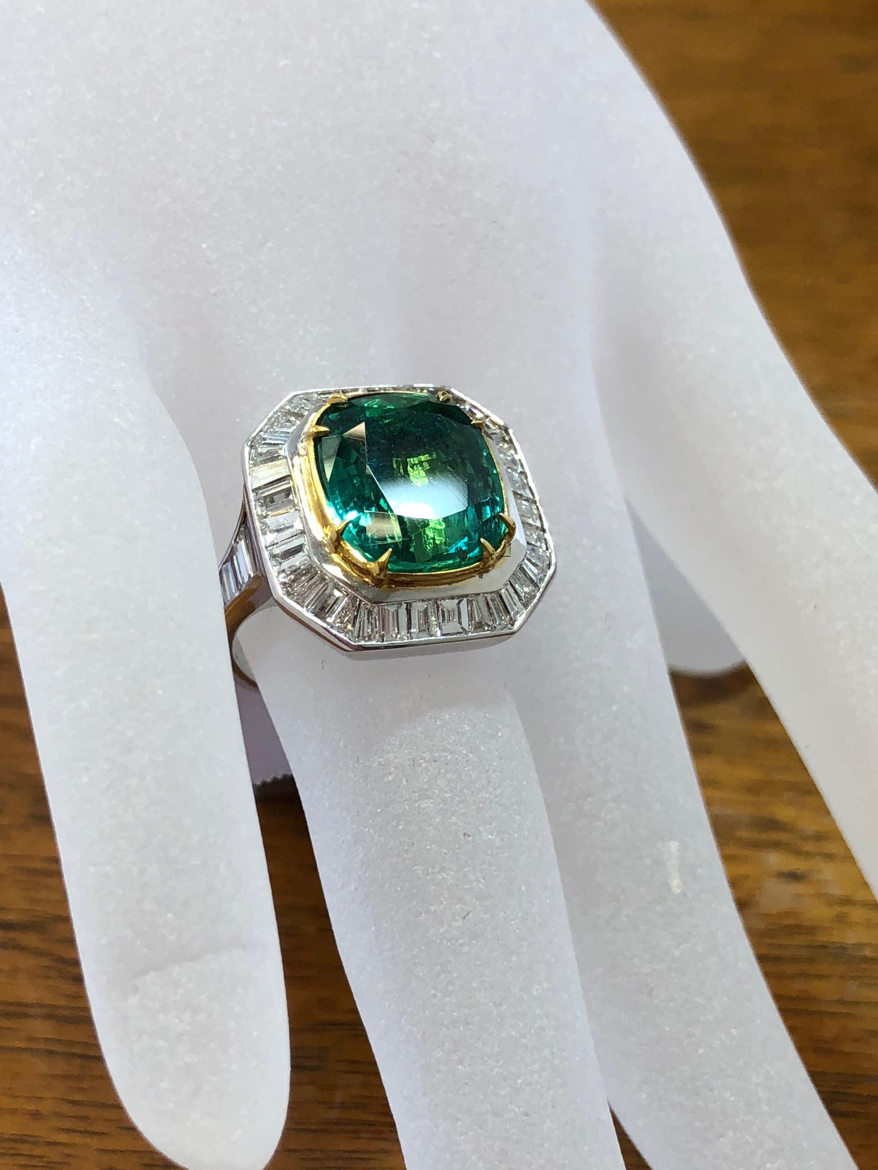 Zambian Emerald Cushion and Diamond Baguette Cocktail Ring with GIA Certified 2