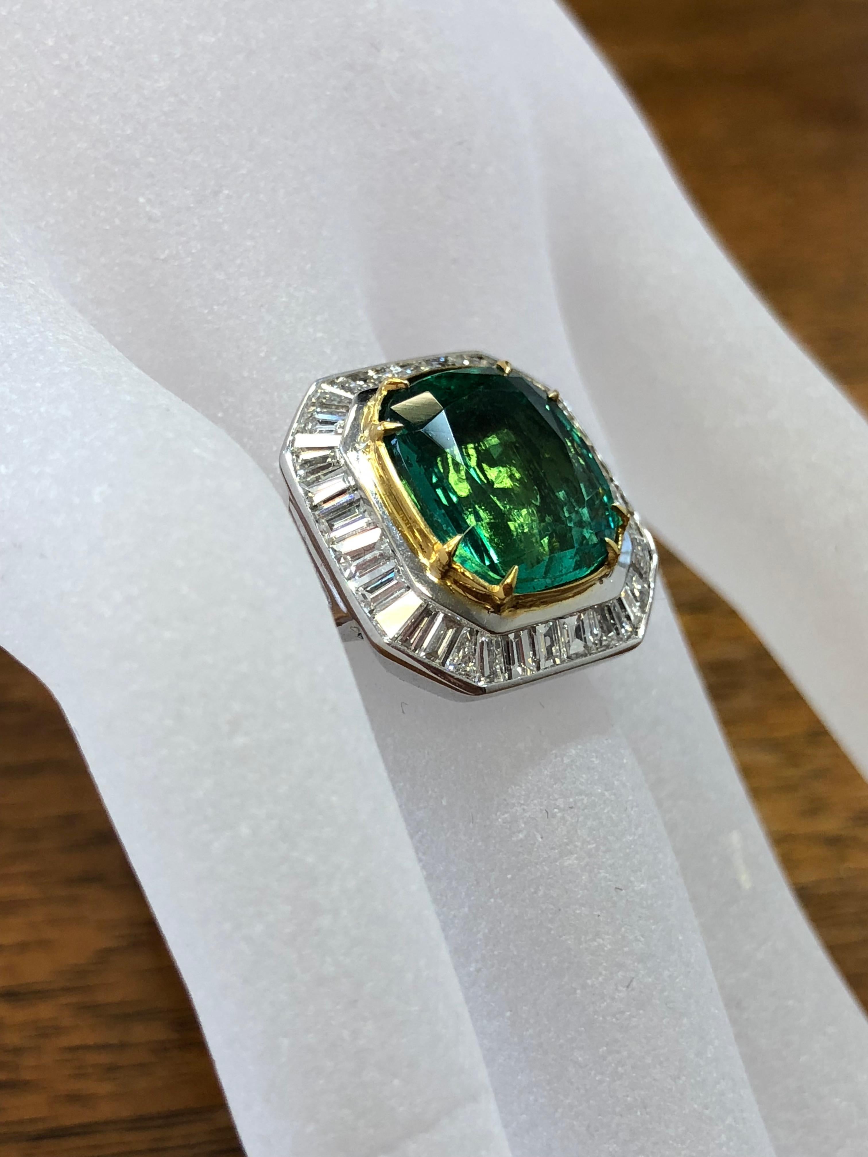 Zambian Emerald Cushion and Diamond Baguette Cocktail Ring with GIA Certified 3