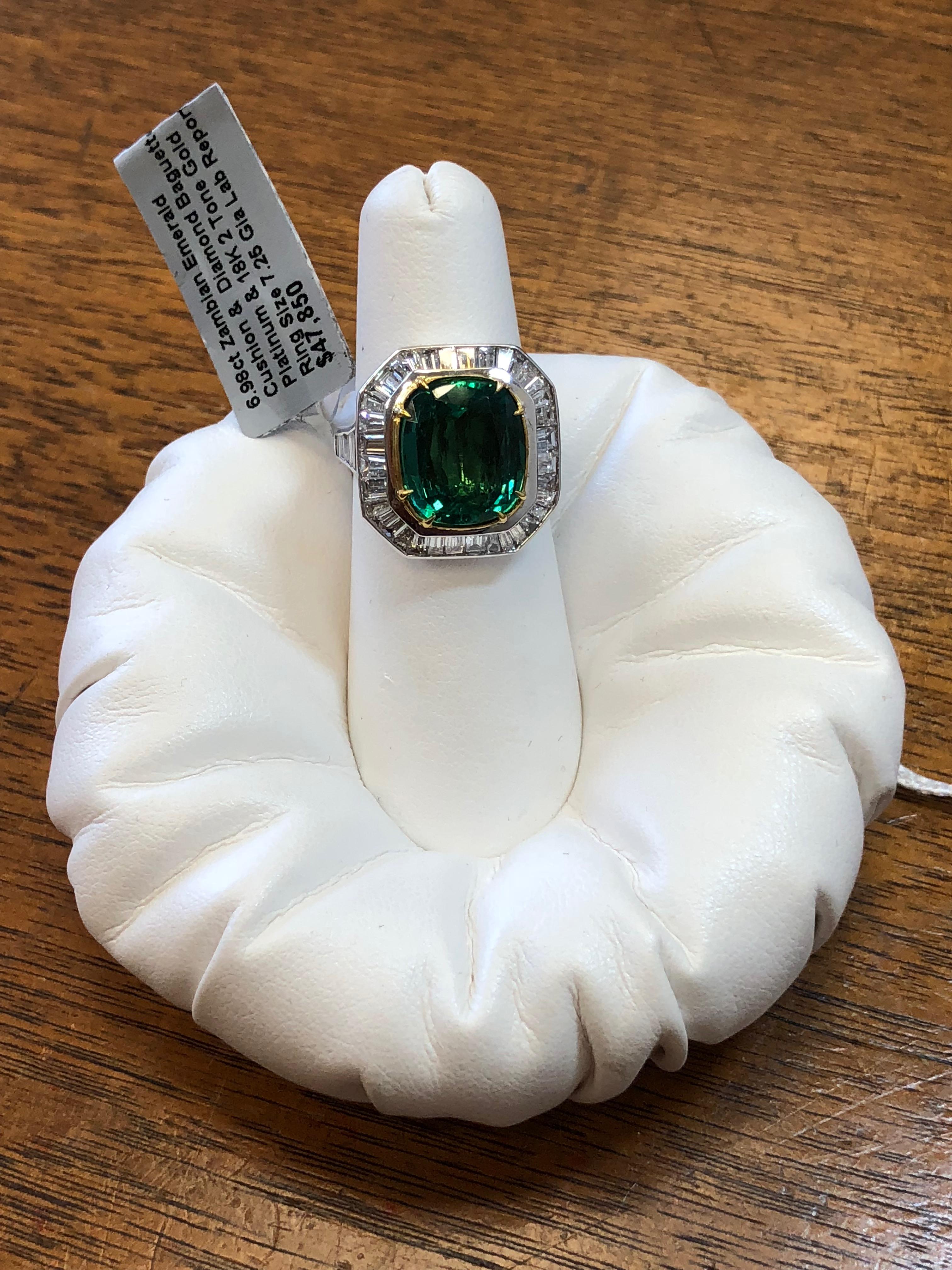 Zambian Emerald Cushion and Diamond Baguette Cocktail Ring with GIA Certified 4