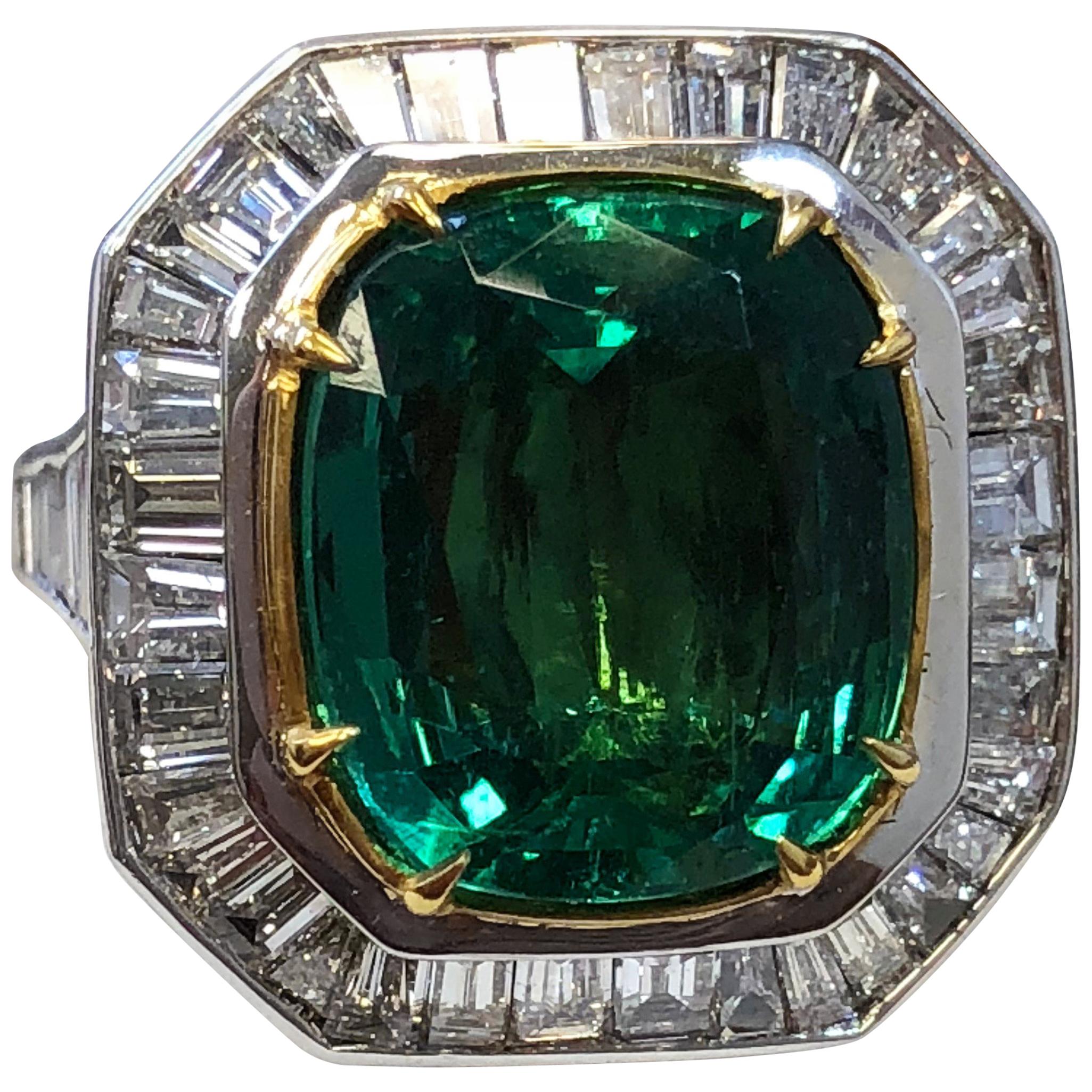 Zambian Emerald Cushion and Diamond Baguette Cocktail Ring with GIA Certified
