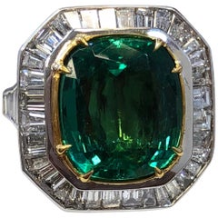 Zambian Emerald Cushion and Diamond Baguette Cocktail Ring with GIA Certified Zambian Emerald Cushion and Diamond Baguette Cocktail Ring with GIA Certified