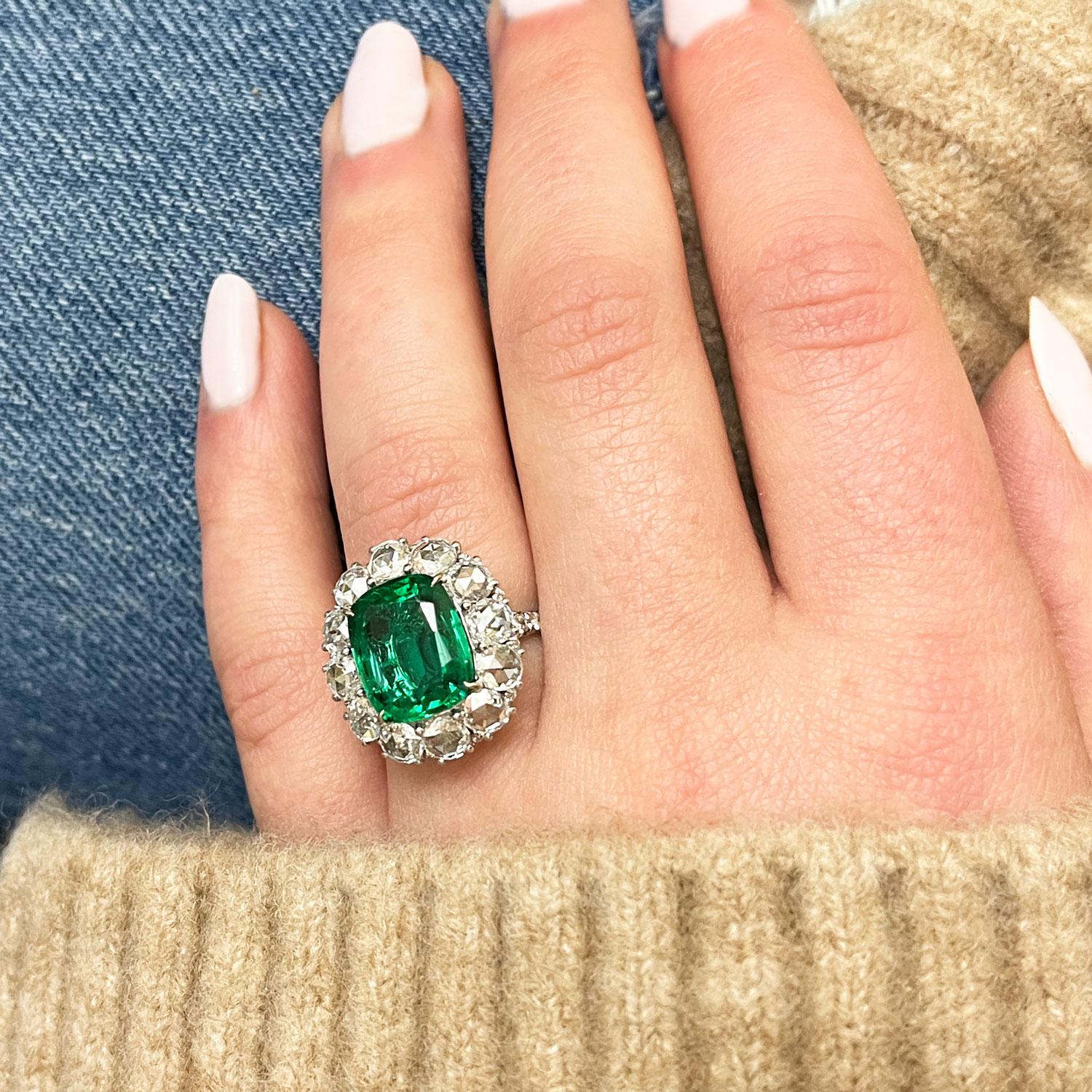 Contemporary Zambian Emerald Cushion Cut Rose Cut Diamond 18K White Gold Ring
