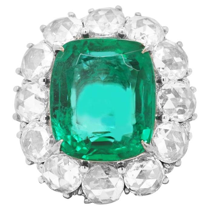 Zambian Emerald Cushion Cut Rose Cut Diamond 18K White Gold Ring