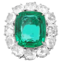Zambian Emerald Cushion Cut Rose Cut Diamond 18K White Gold Ring