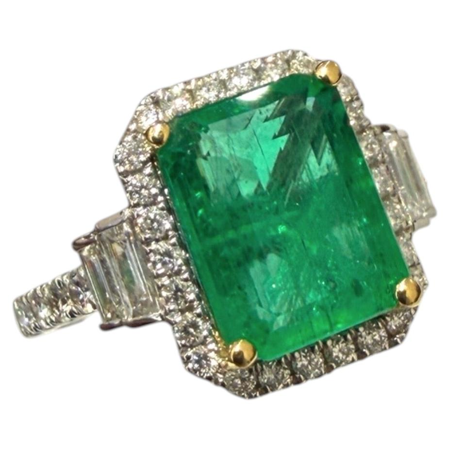 White Gold Natural Emerald Cut and Diamond Halo Ring 18K