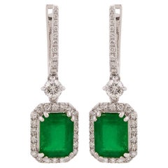 Zambian Emerald Dangle Earrings 18k White Gold SI Clarity HI Color Diamond