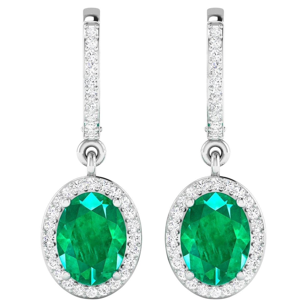 Zambian Emerald Dangle Earrings Diamond Setting  2.35 Carats 14K White Gold