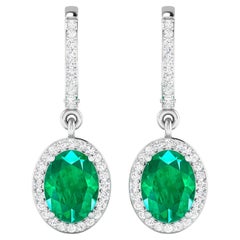 Zambian Emerald Dangle Earrings Diamond Setting  2.35 Carats 14K White Gold