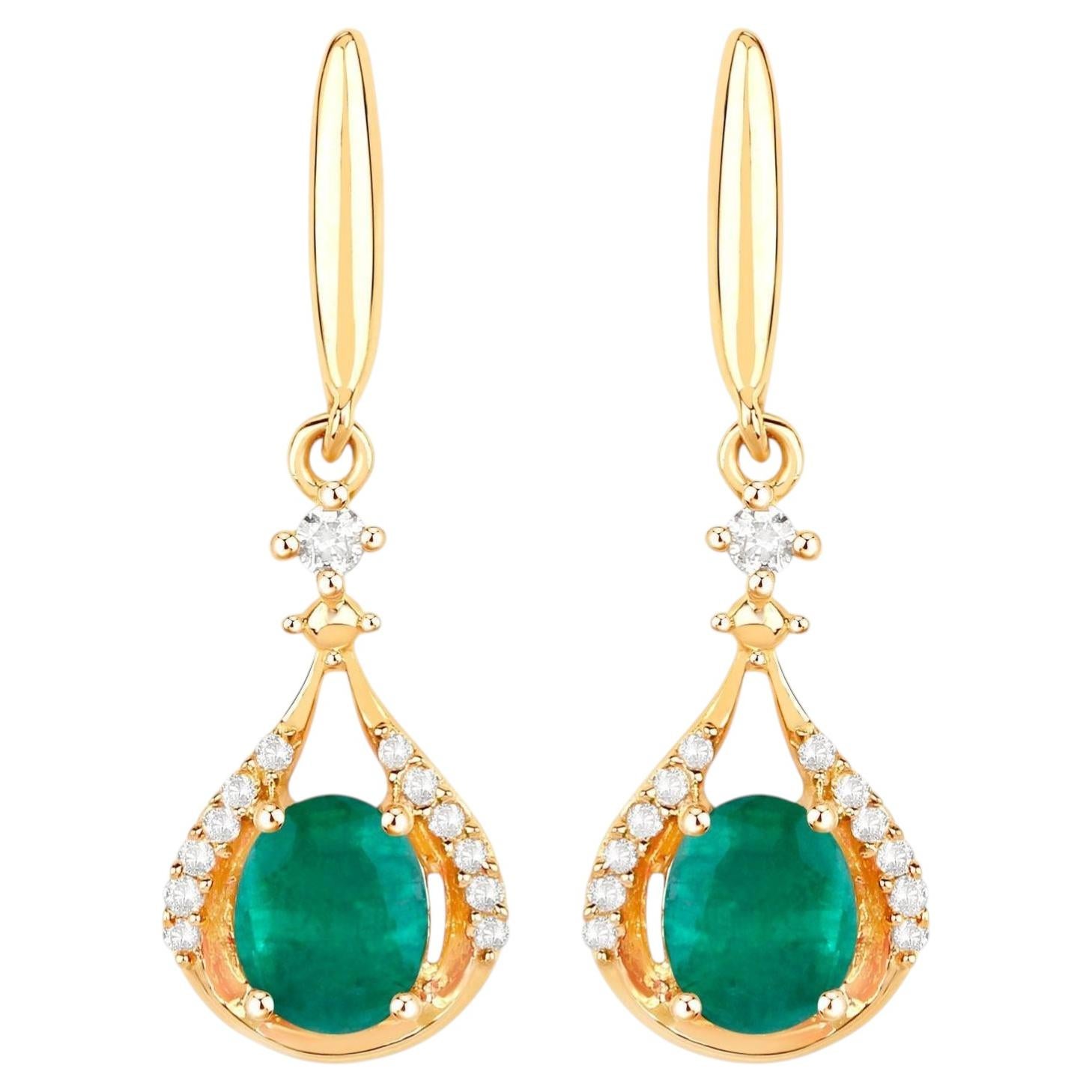 Zambian Emerald Dangle Earrings Diamonds 0.6 Carats 14K Yellow Gold