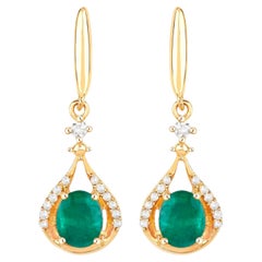 Zambian Emerald Dangle Earrings Diamonds 0.6 Carats 14K Yellow Gold