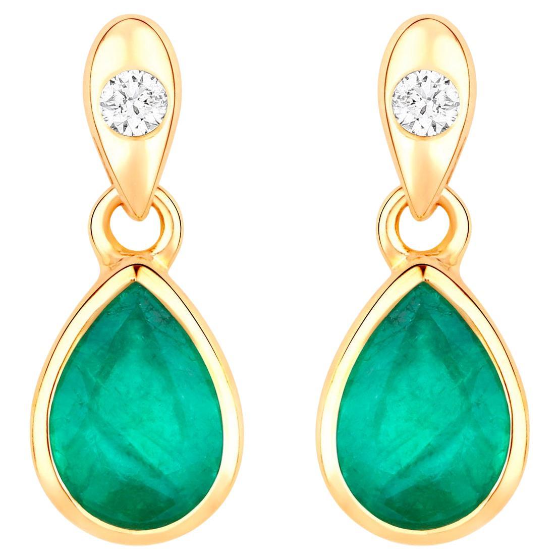 Zambian Emerald Dangle Earrings Diamonds 1.36 Carats 10K Yellow Gold