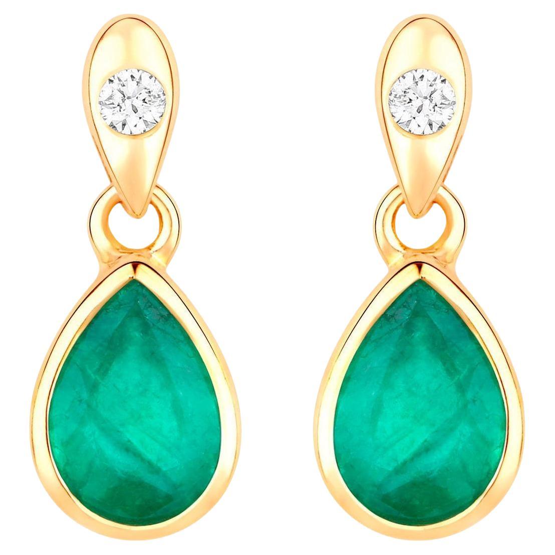Zambian Emerald Dangle Earrings Diamonds 1.36 Carats 10K Yellow Gold