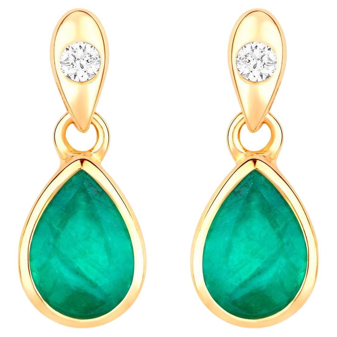 Zambian Emerald Dangle Earrings Diamonds 1.36 Carats 10K Yellow Gold