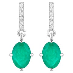 Zambian Emerald Dangle Earrings Diamonds 1.4 Carats 14K White Gold