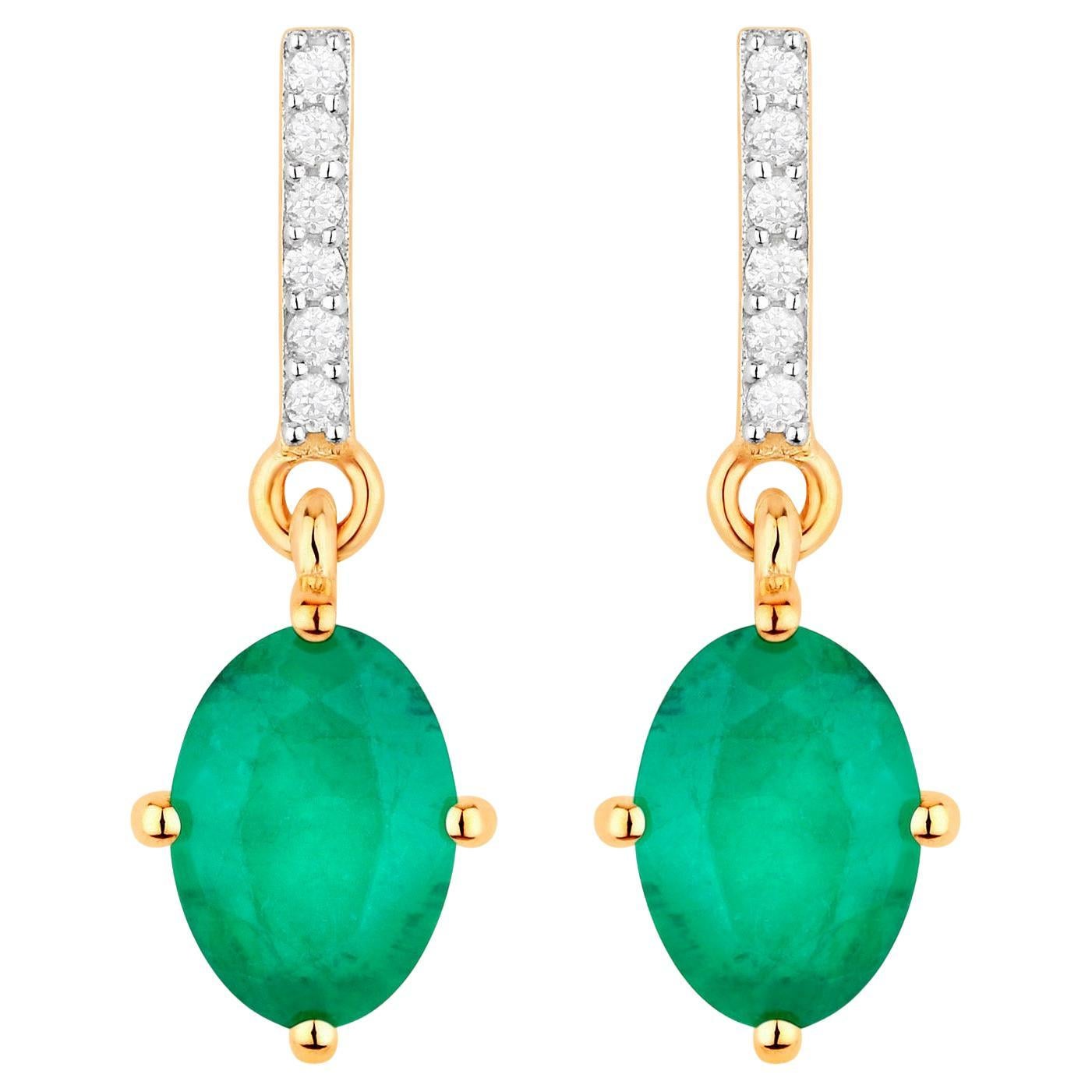 Zambian Emerald Dangle Earrings Diamonds 1.4 Carats 14K Yellow Gold