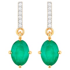 Zambian Emerald Dangle Earrings Diamonds 1.4 Carats 14K Yellow Gold