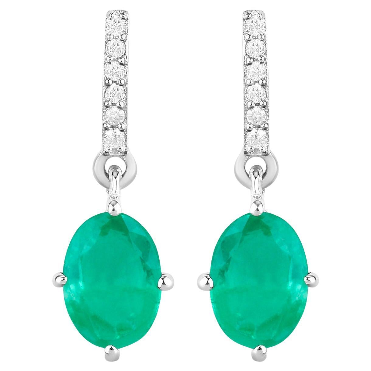 Zambian Emerald Dangle Earrings Diamonds 1.48 Carats 10K White Gold