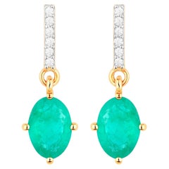 Zambian Emerald Dangle Earrings Diamonds 1.5 Carats 10K Yellow Gold