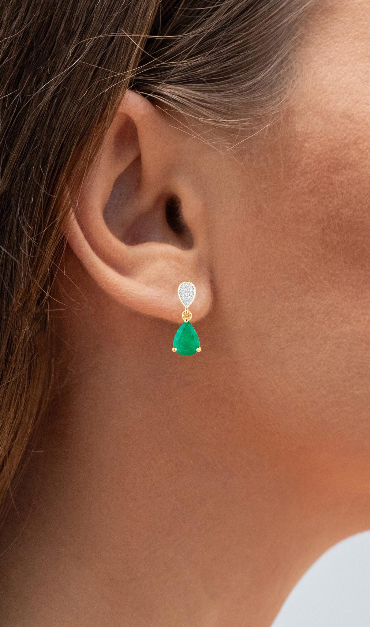 Contemporary Zambian Emerald Dangle Earrings Diamonds 2.3 Carats 10K Yellow Gold For Sale