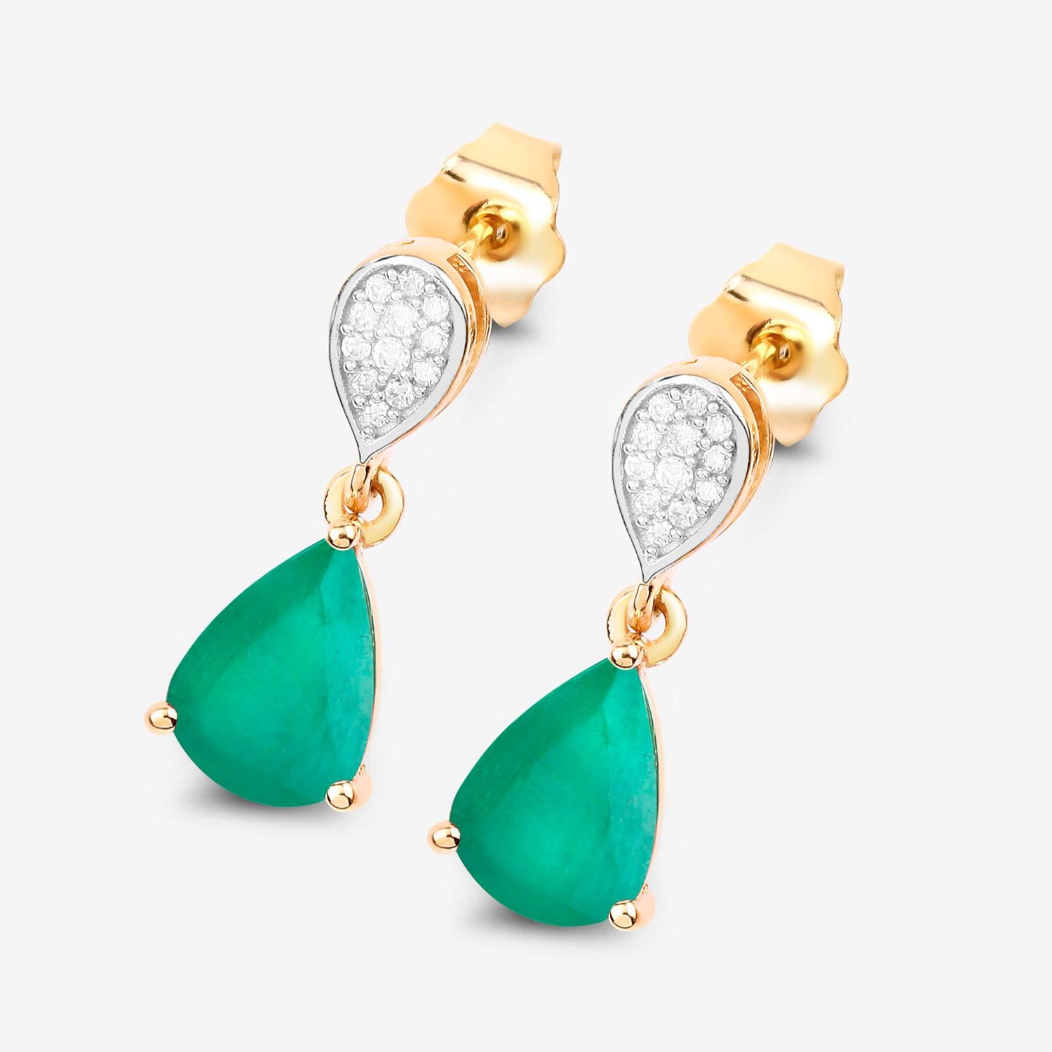 Pear Cut Zambian Emerald Dangle Earrings Diamonds 2.3 Carats 10K Yellow Gold For Sale
