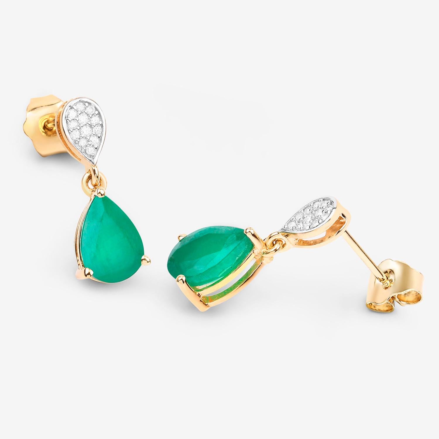 Women's or Men's Zambian Emerald Dangle Earrings Diamonds 2.3 Carats 10K Yellow Gold For Sale