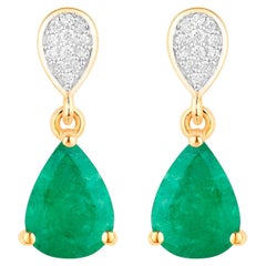 Pendants d'oreilles en or jaune 10 carats avec émeraudes de Zambie et diamants 2,3 carats