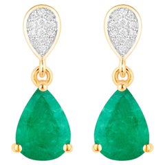 Zambian Emerald Dangle Earrings Diamonds 2.3 Carats 10K Yellow Gold