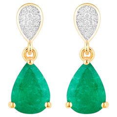 Zambian Emerald Dangle Earrings Diamonds 2.3 Carats 10K Yellow Gold