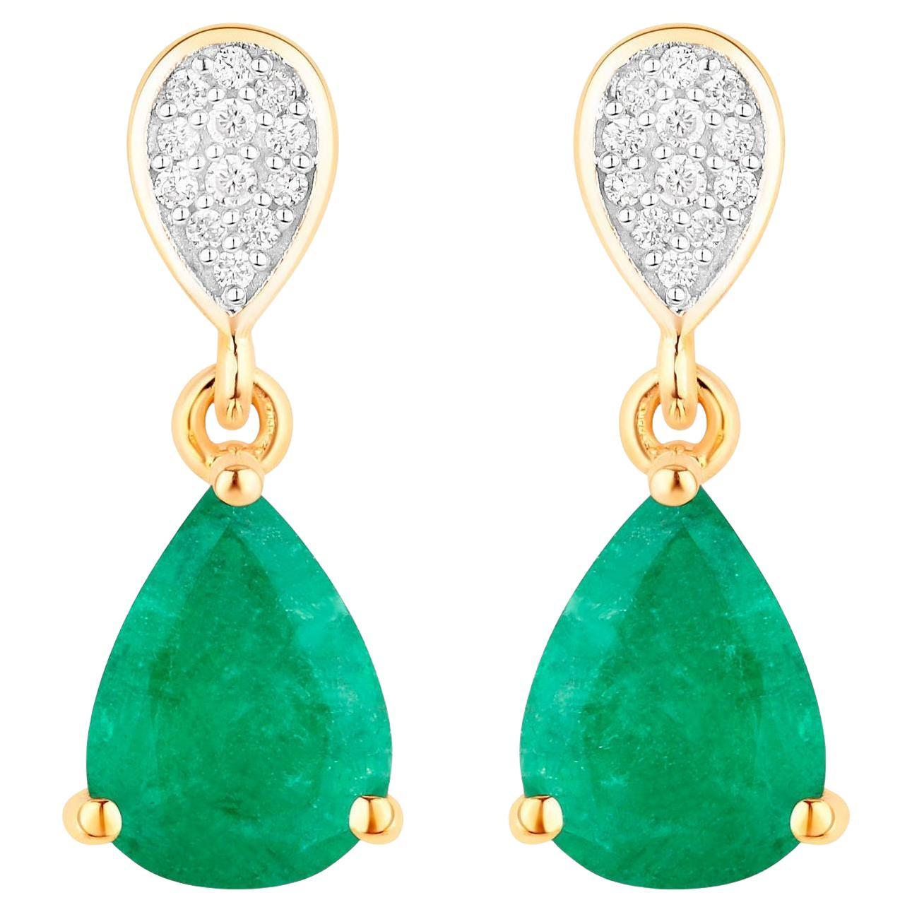 Zambian Emerald Dangle Earrings Diamonds 2.3 Carats 10K Yellow Gold For Sale