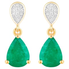 Zambian Emerald Dangle Earrings Diamonds 2.3 Carats 10K Yellow Gold